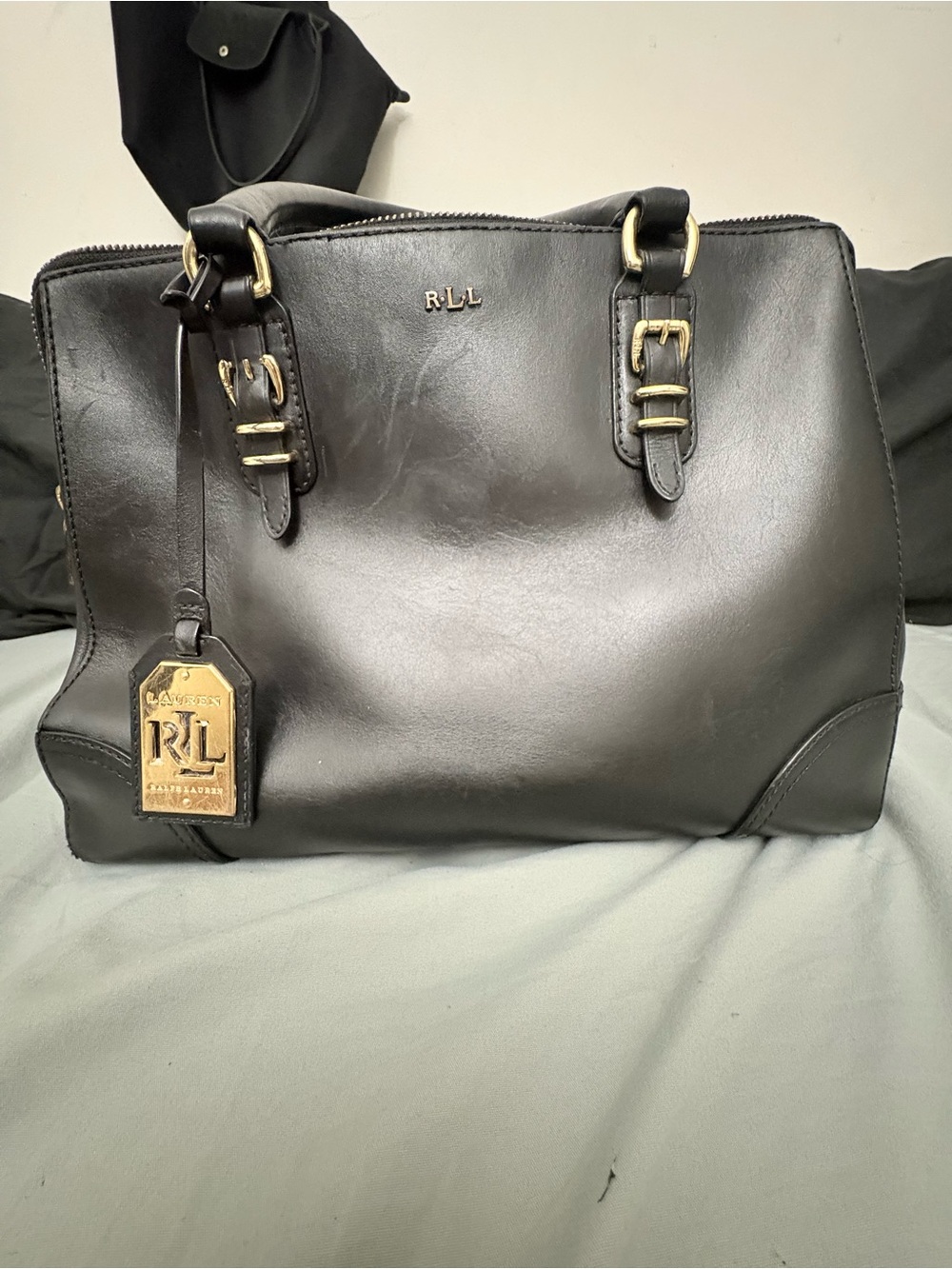 Lauren Ralph Lauren Black Leather Satchel Bag with Gold Hardware